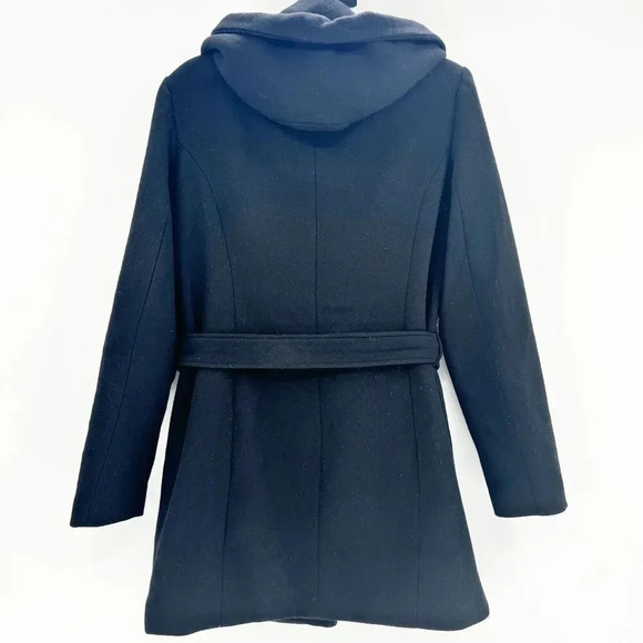 Vera Moda Rain Jacket Womens Size M Black Wool Belted Knee Length Hooded Outdoor - Picture 2 of 6